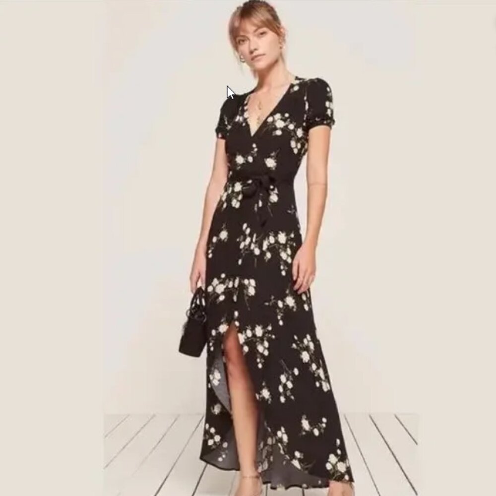 Reformation Maria Black Floral Wrap Dress In Contessa Print Size M